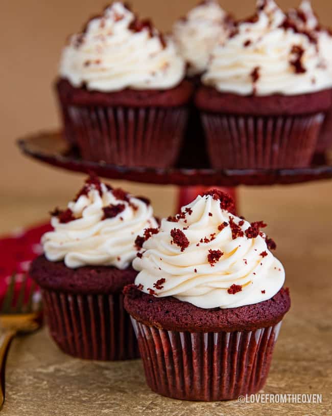 Red Velet Cupcakes on a red cake stand