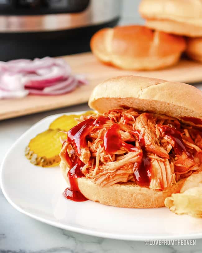 A pulled chicken sandwich topped with bbq sauce