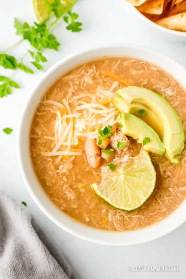 Overhead shot of bowl of white chicken chili