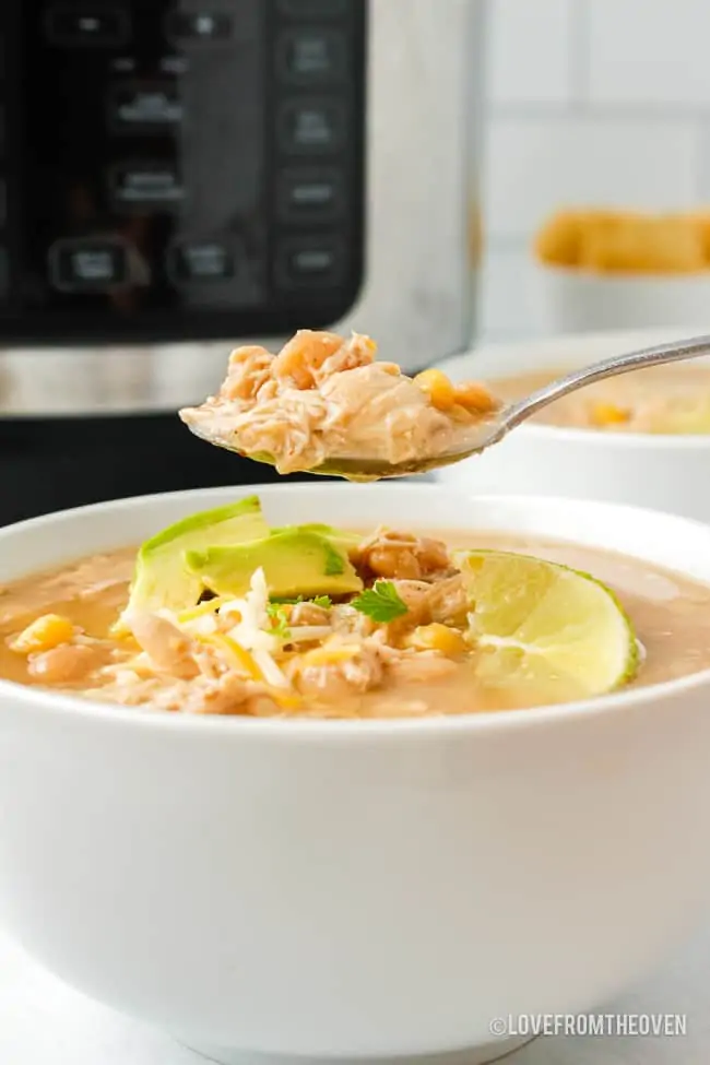 A bowl of white bean chicken chili with a spoonful being held over it