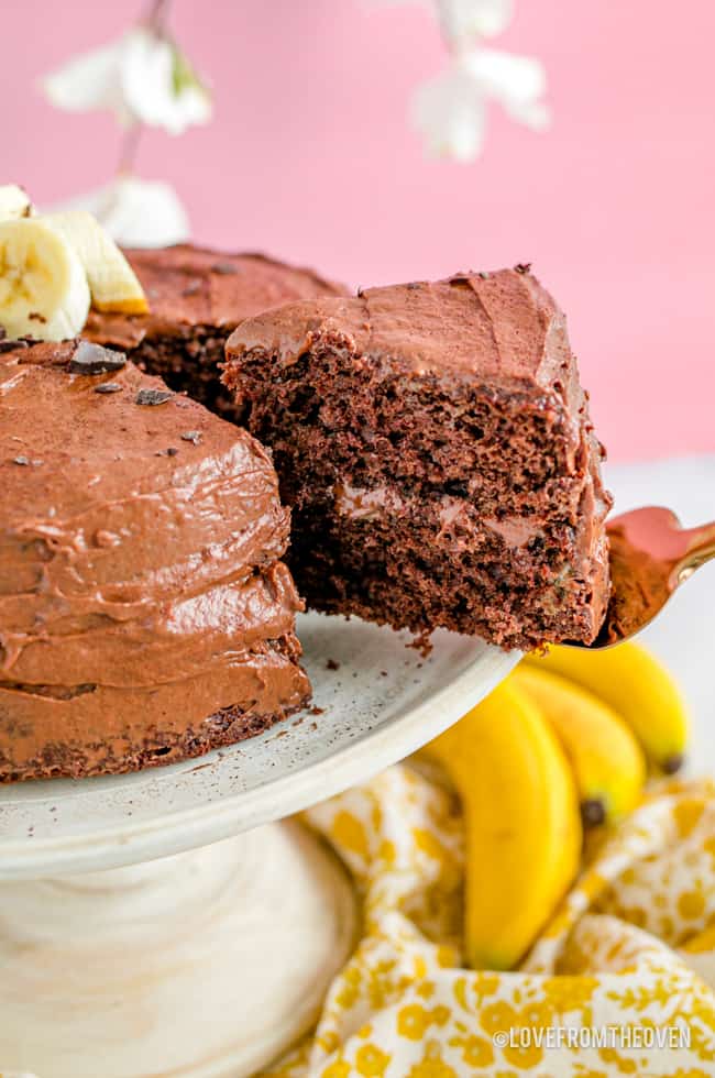 a chocolate banana cake being served