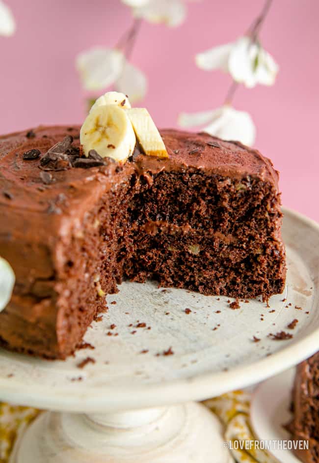 a cut open chocolate banana cake