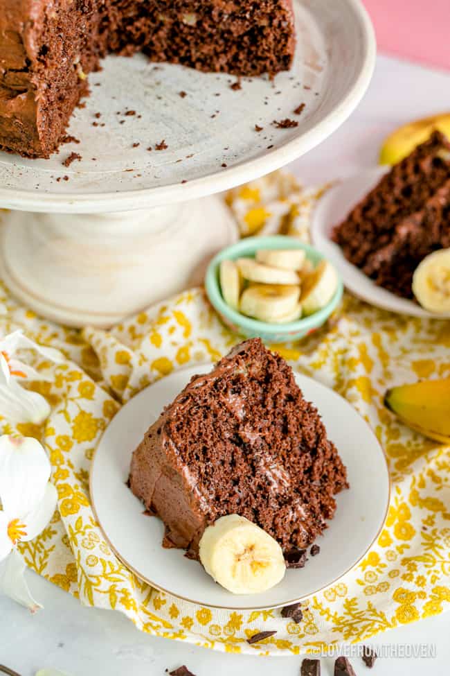 banana cake with a slice on a plate