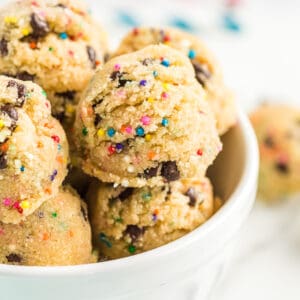 A bowl of no bake cookie dough bites