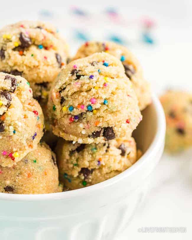 A bowl of no bake cookie dough bites