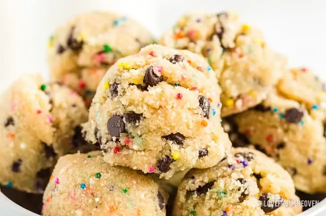 A bowl of cookie dough balls
