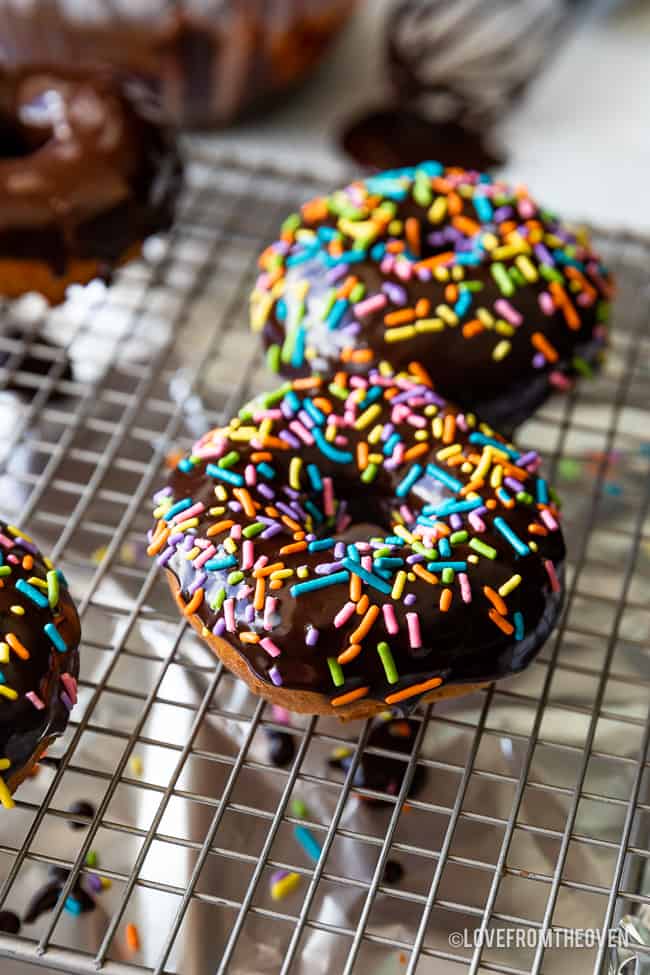 Chocolate Glazed Donuts on a wire rack