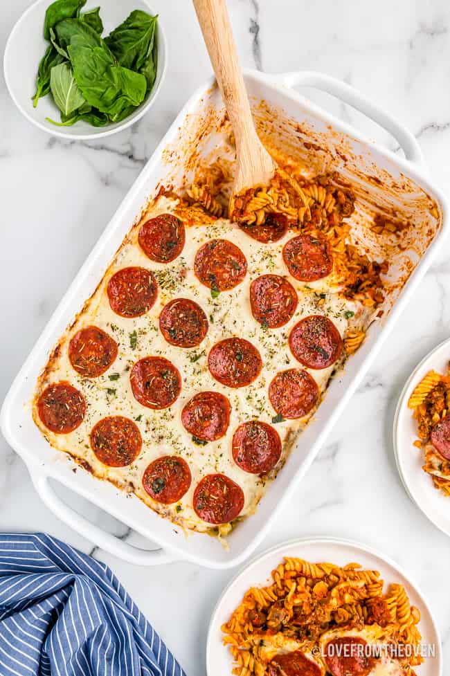 overhead shot of a pizza casserole