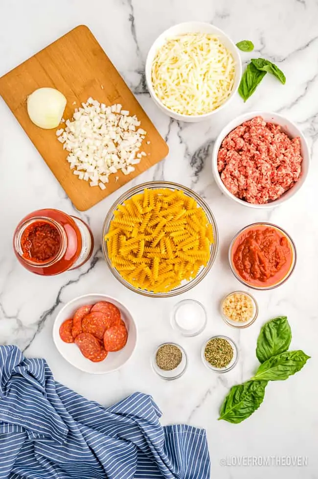 Overhead shot of ingredients to make pizza pasta
