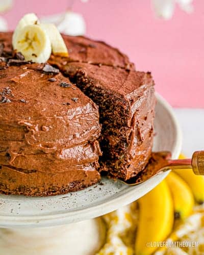 a close up of a chocolate banana cake