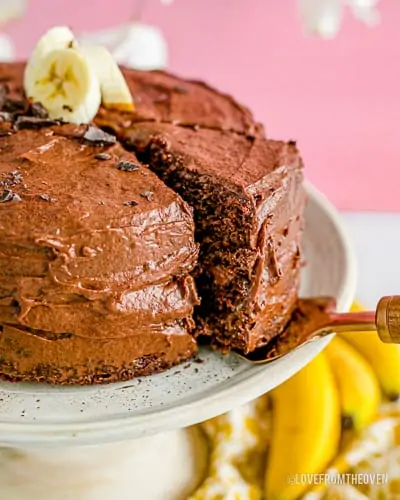 a close up of a chocolate banana cake