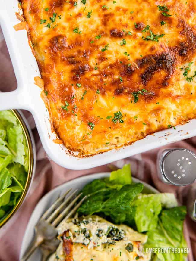 overhead shot of chicken lasagna and a salad