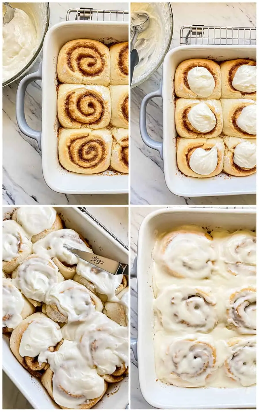 step by step photos of putting icing on cinnamon rolls