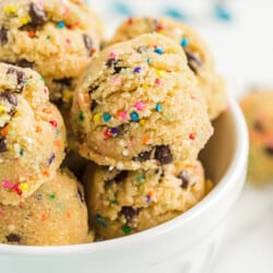 A close up of a bowl of cookie dough bites