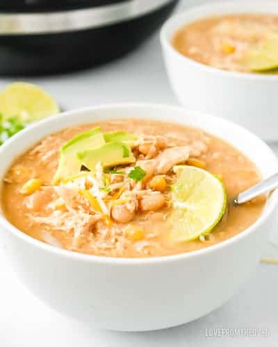 a bowl of white chicken chili