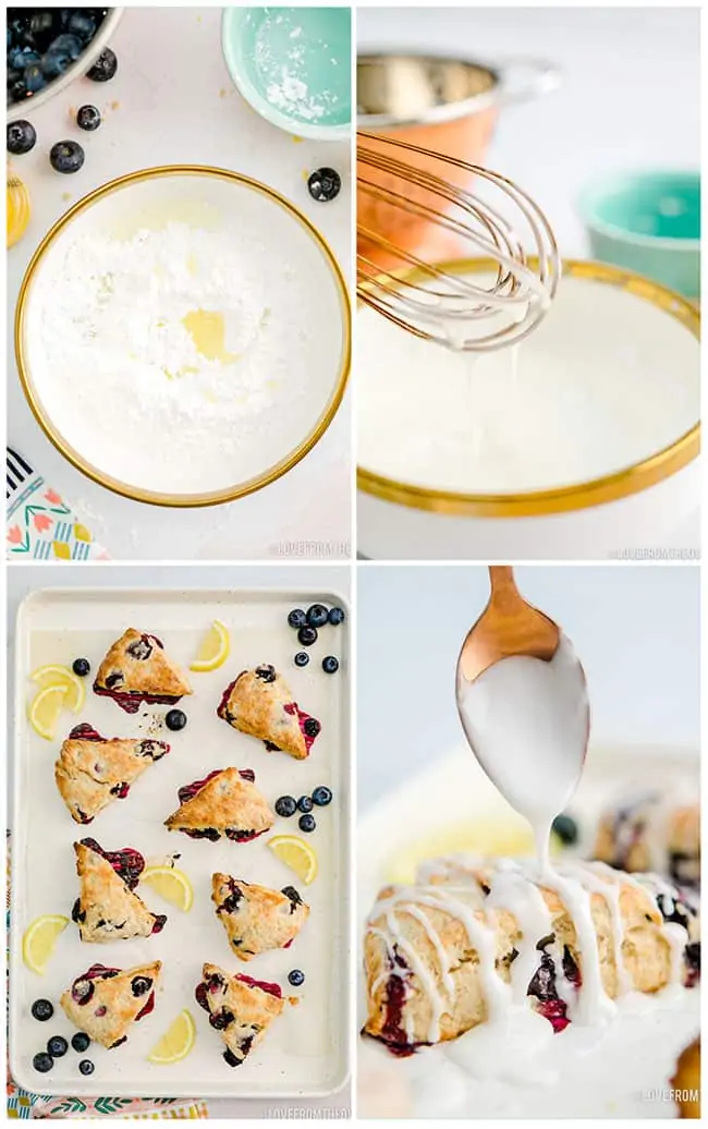 photos showing how to put lemon glaze on blueberry scones