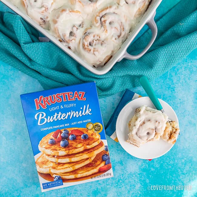 Cinnamon rolls and a box of krusteaz pancake mix