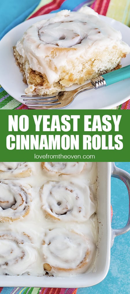 Photos of no yeast cinnamon rolls on a plate and in a pan