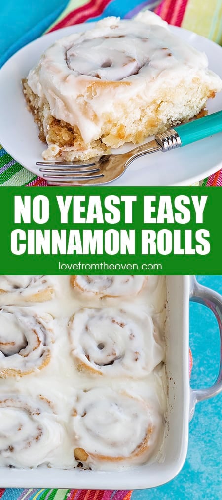 Photos of no yeast cinnamon rolls on a plate and in a pan