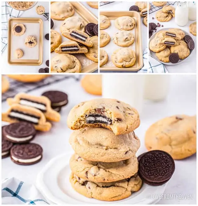 Multiple photos of oreo stuffed cookies