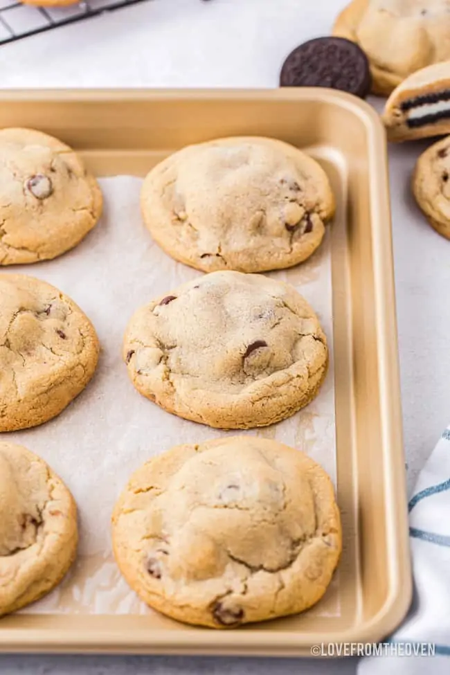 A tray of chocolate chip stuffed cookies