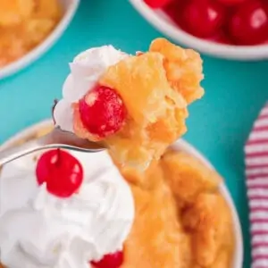 a bite of pineapple upside down cake