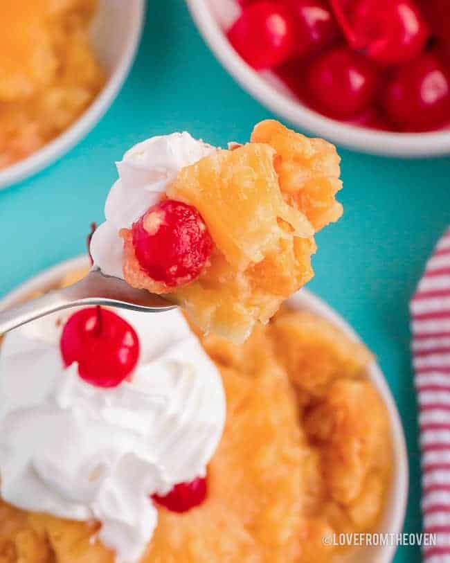 a bite of pineapple upside down cake