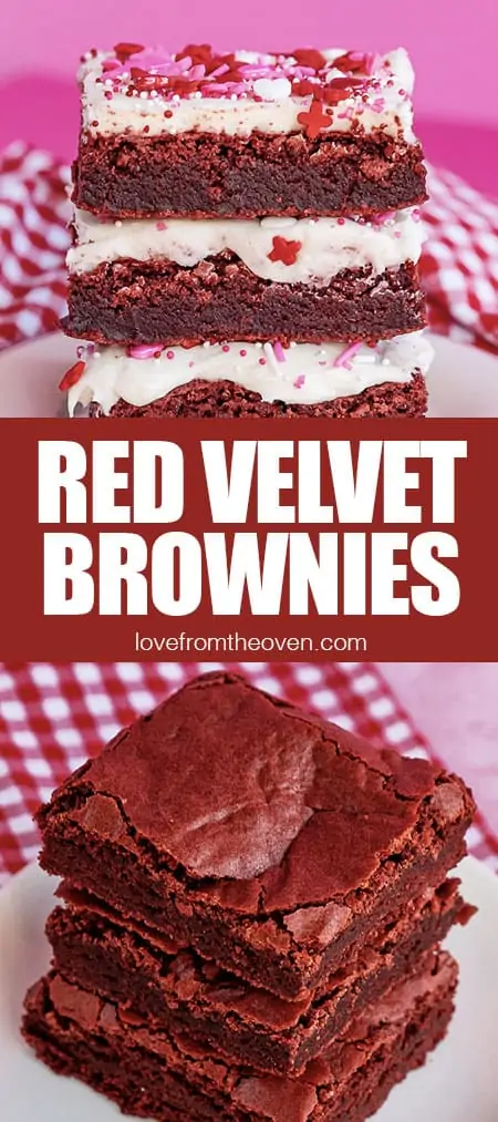 stacks of red velvet brownies some with frosting some without