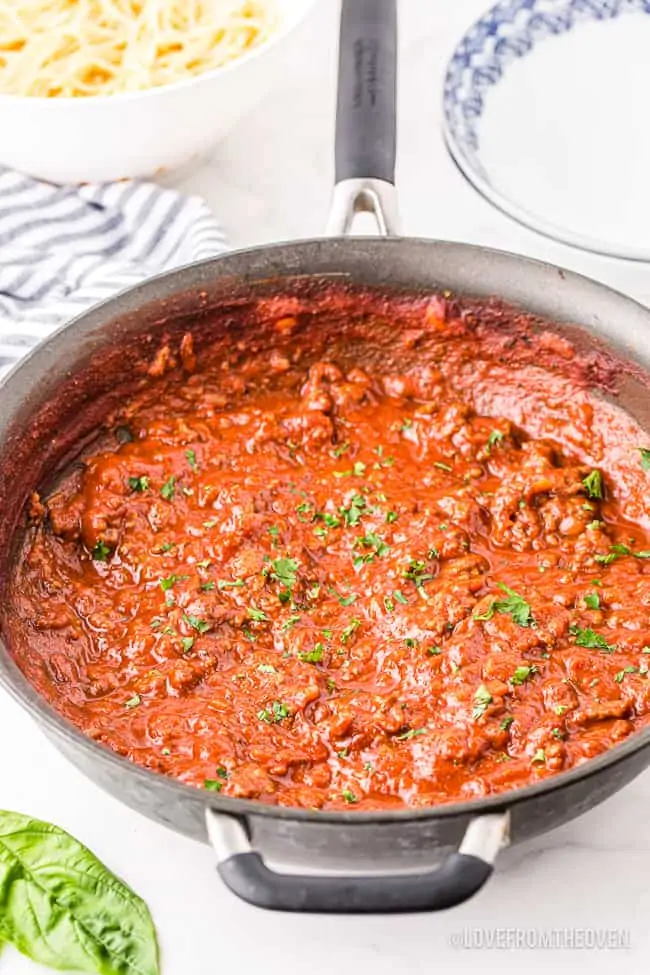 A pan of spaghetti with meat sauce