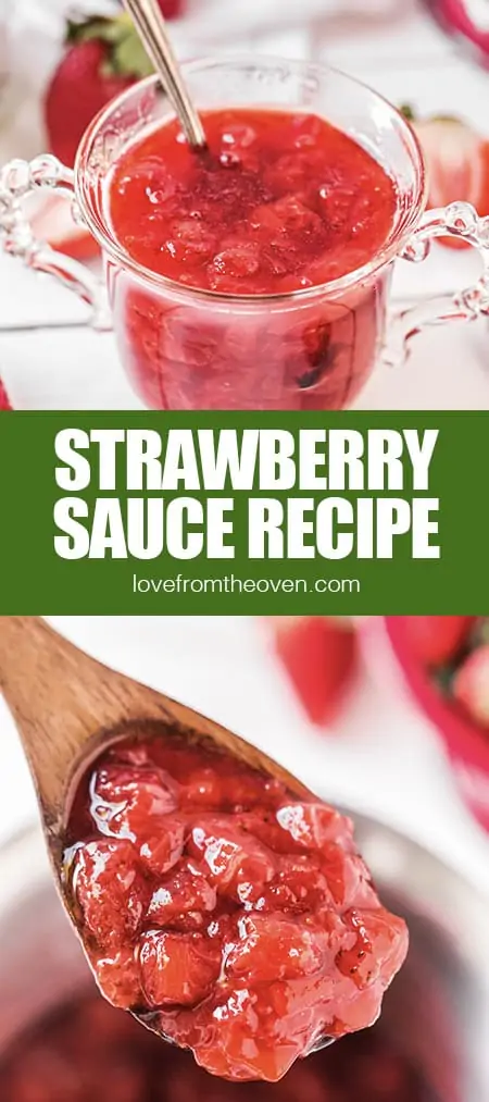 Photos of strawberry sauce in a bowl and on a spoon