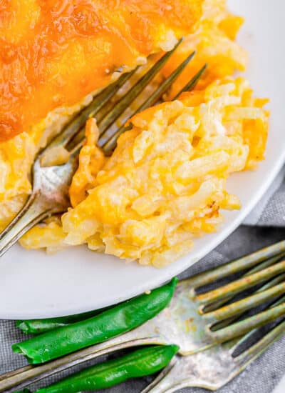 A plate of hashbrown casserole.