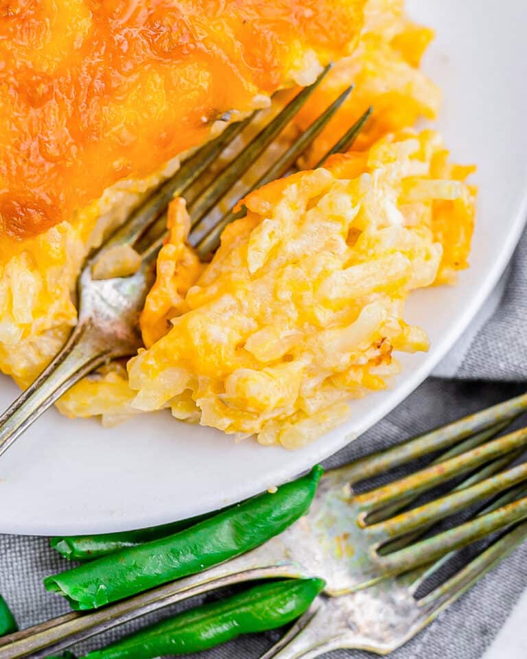 A plate of hashbrown casserole.