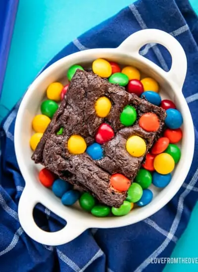 An overhead photo of M&Ms brownies