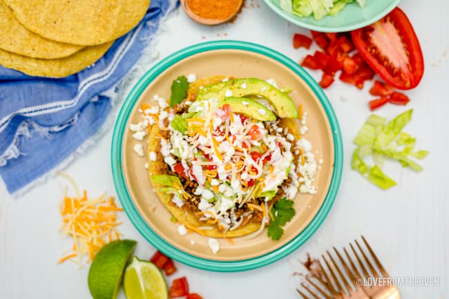 an overhead shot of beef tostada