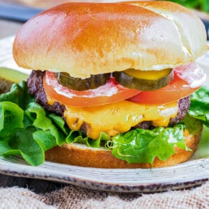 A close up photo of a cheeseburger made in an air fryer