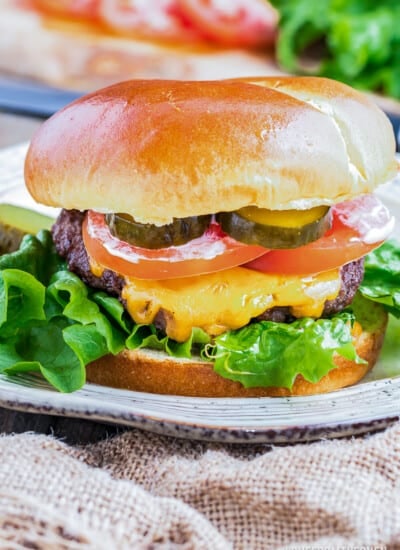 A close up photo of a cheeseburger made in an air fryer