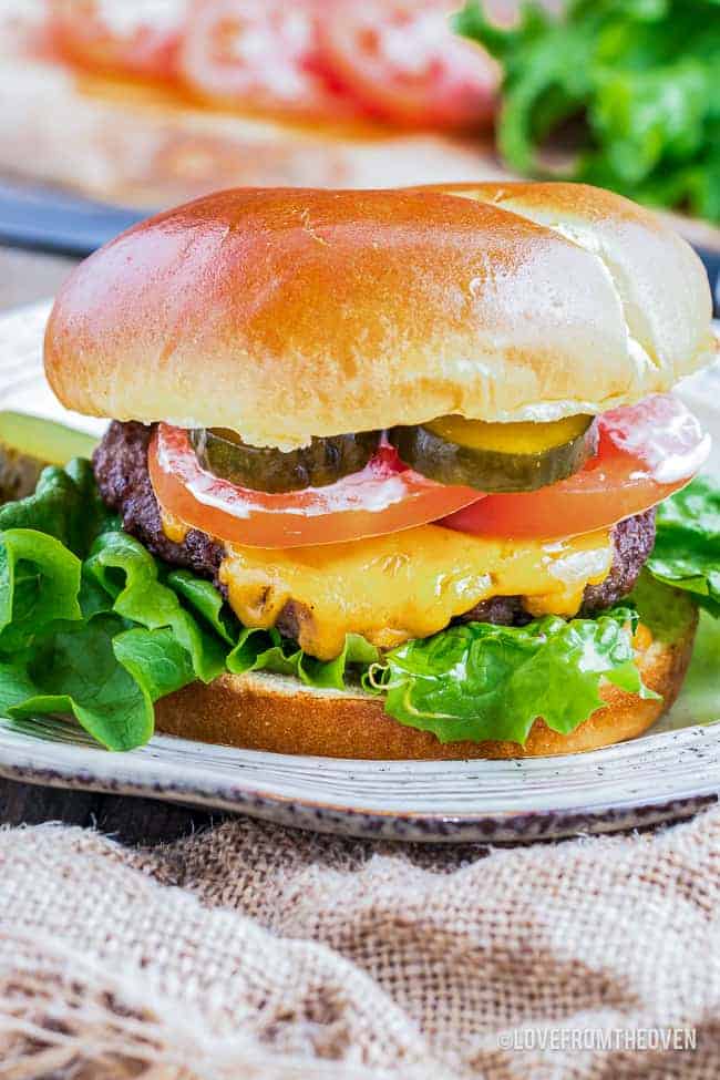 A close up photo of a cheeseburger made in an air fryer