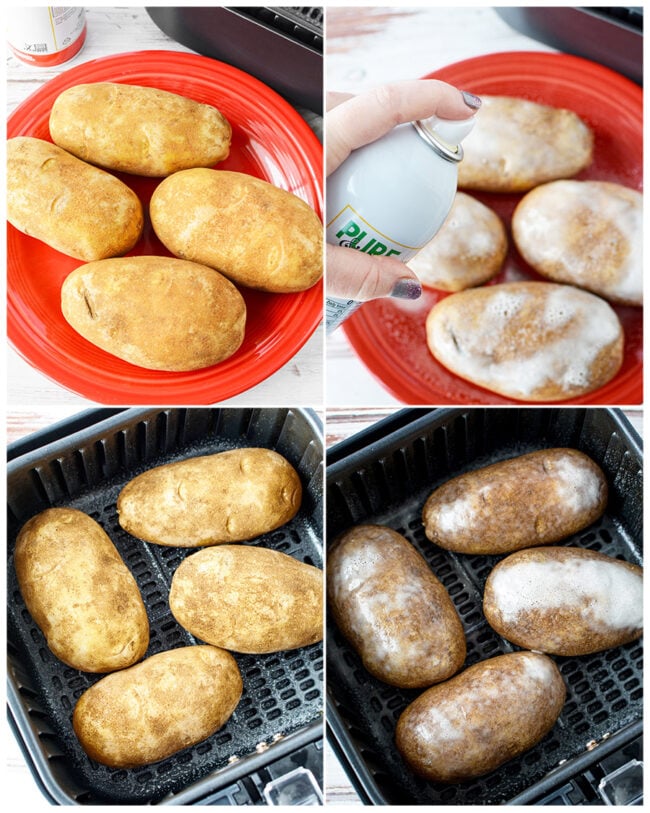 step by step photos showing how to make baked potatoes in an air fryer