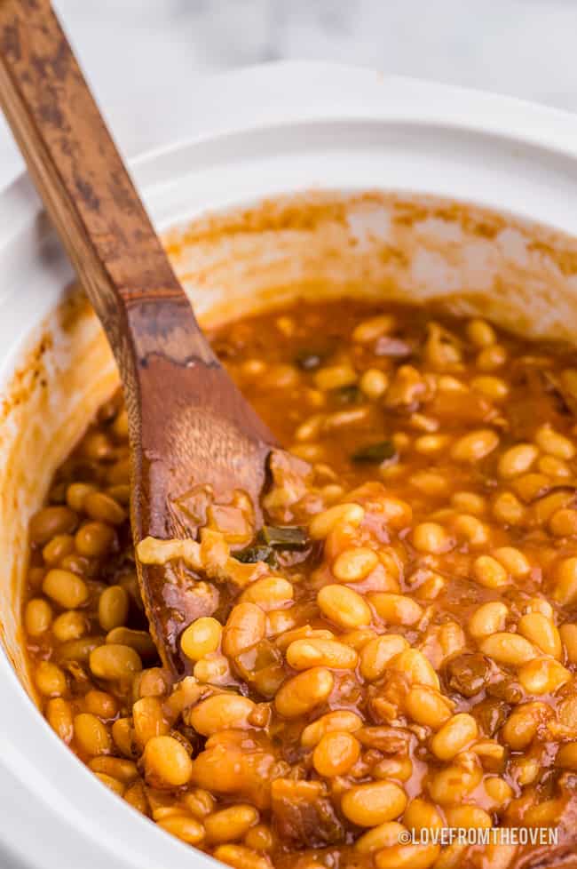 baked beans in a white crock pot