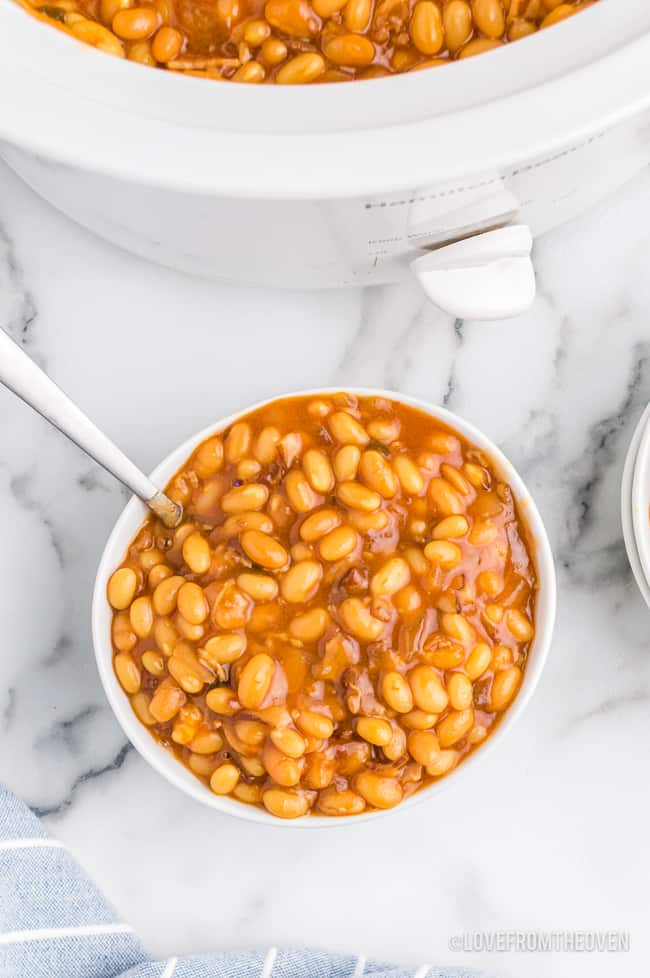 baked beans in a white bowl