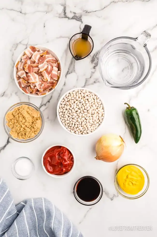 An overhead photo of ingredients for baked beans