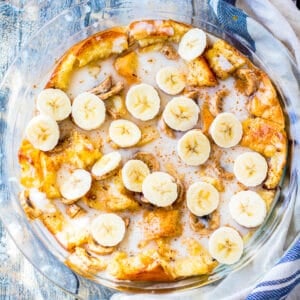 overhead shot of banana bread pudding