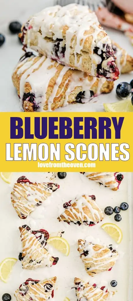 Photos of lemon blueberry scones on plates and baking sheets