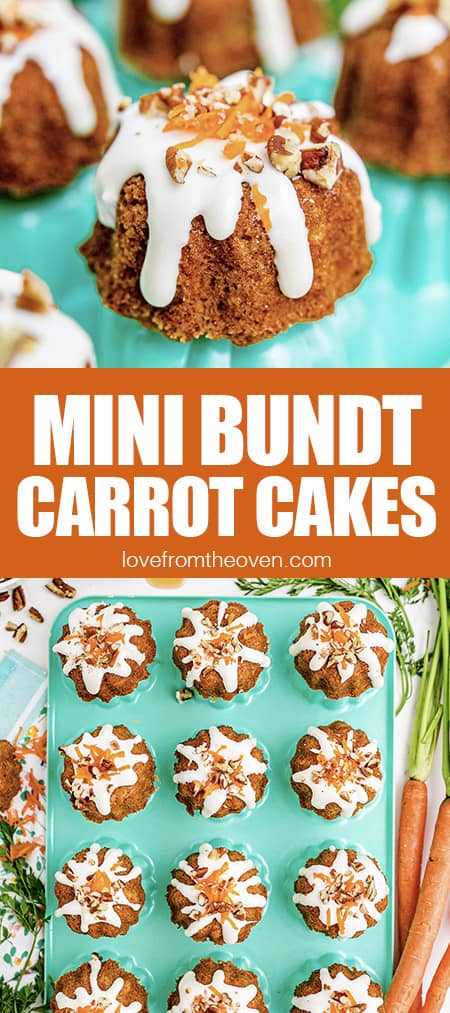 photos of mini carrot bundt cakes on a blue pan