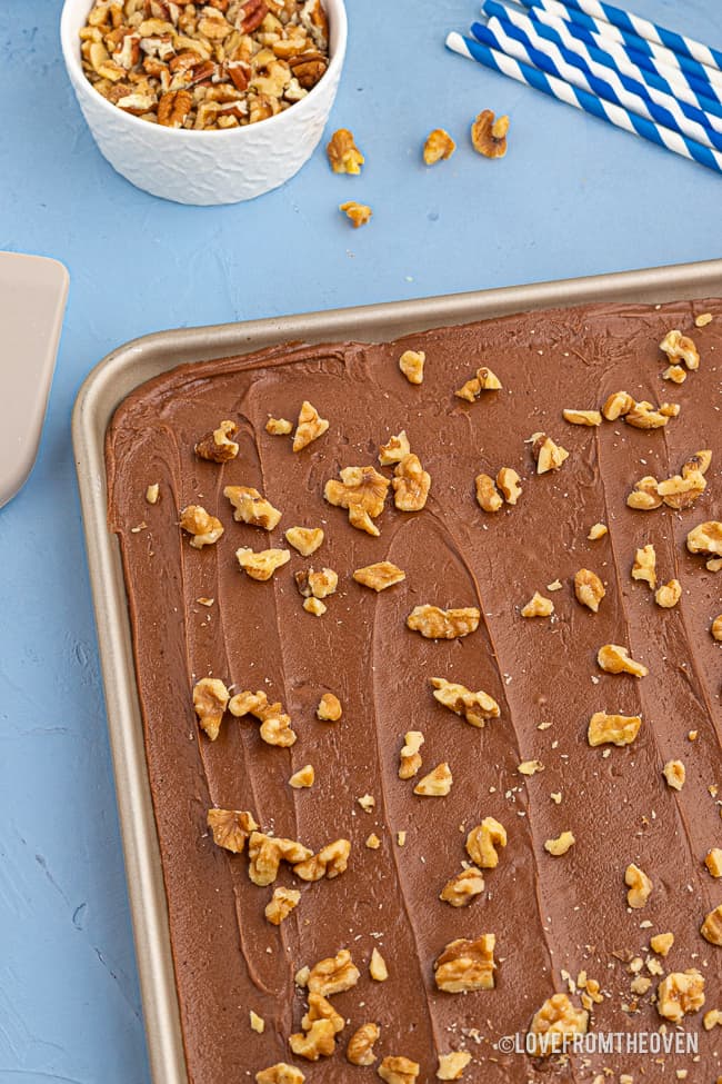 a chocolate sheet cake with walnuts