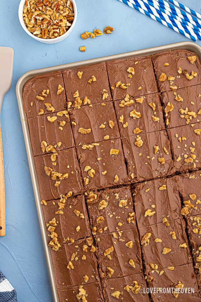 overhead photo of a chocolate sheet cake