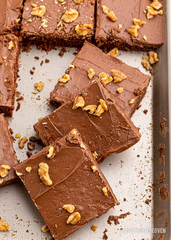 Chocolate cake bars on a baking sheet