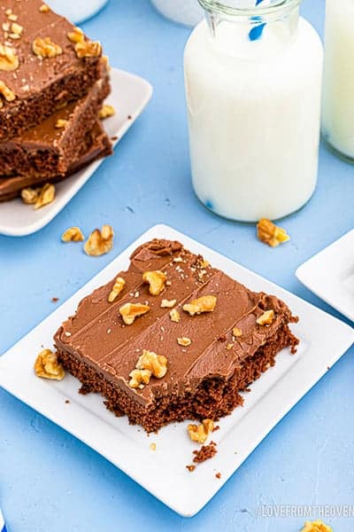 a slice of chocolate sheet cake