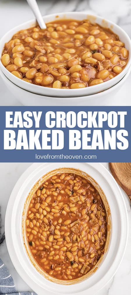 photos of baked beans in a bowl and a crockpot