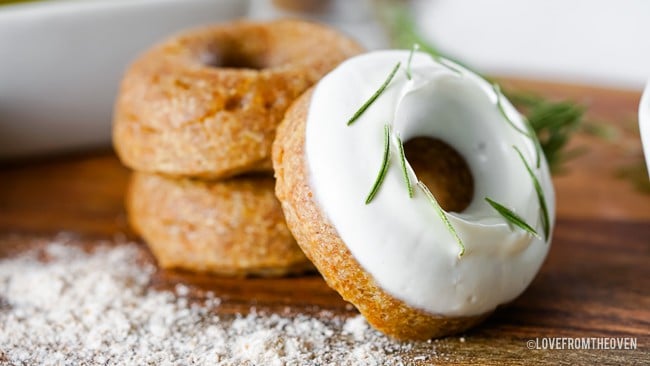 Dog treat donuts on wood surface